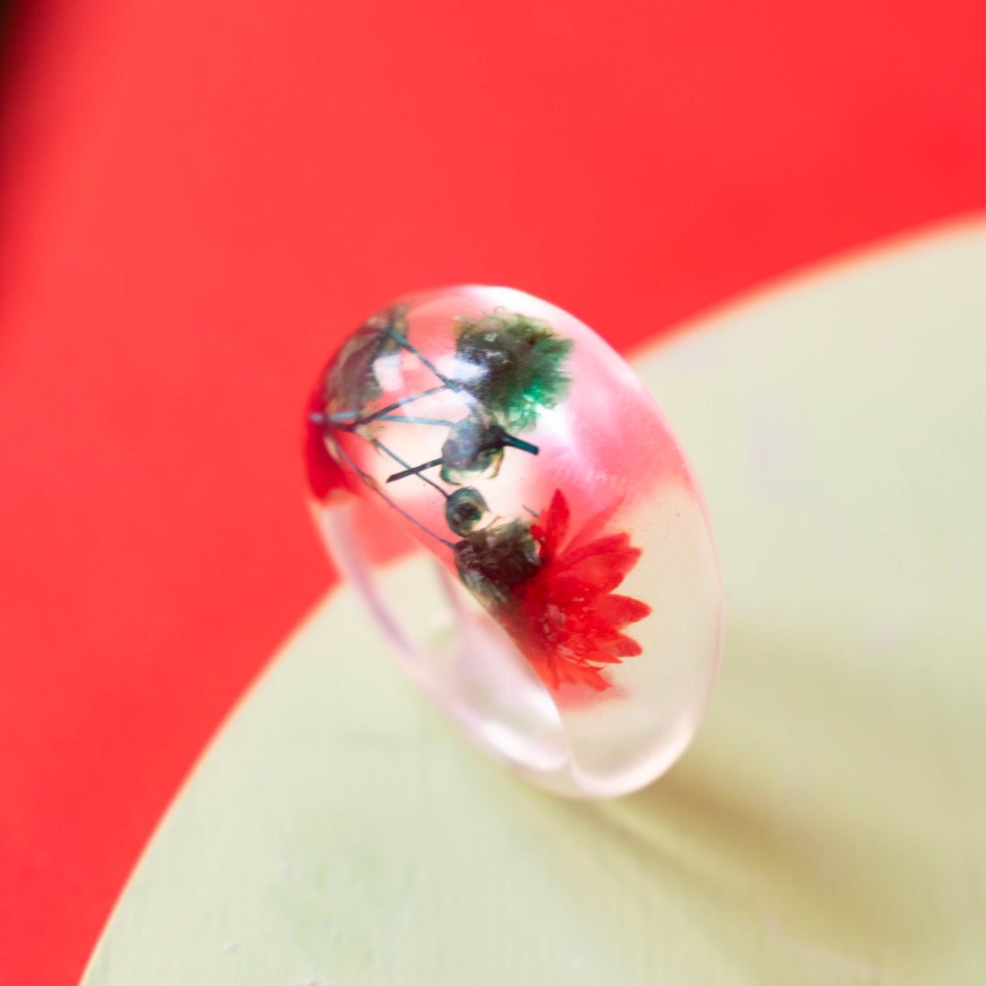 Anillo Acrílico flores primavera Rojo - Talla única 6.5