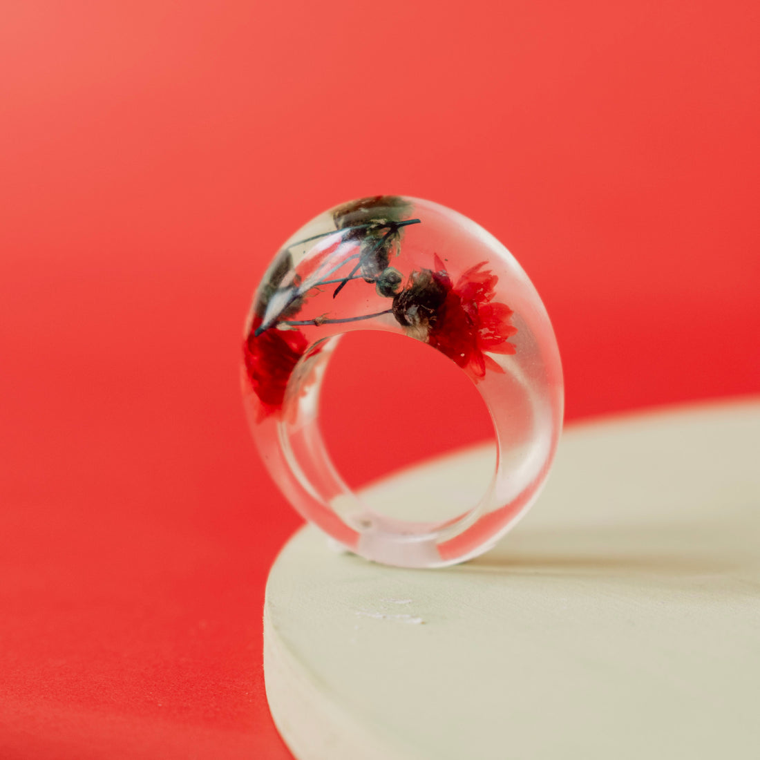 Anillo Acrílico flores primavera Rojo - Talla única 6.5