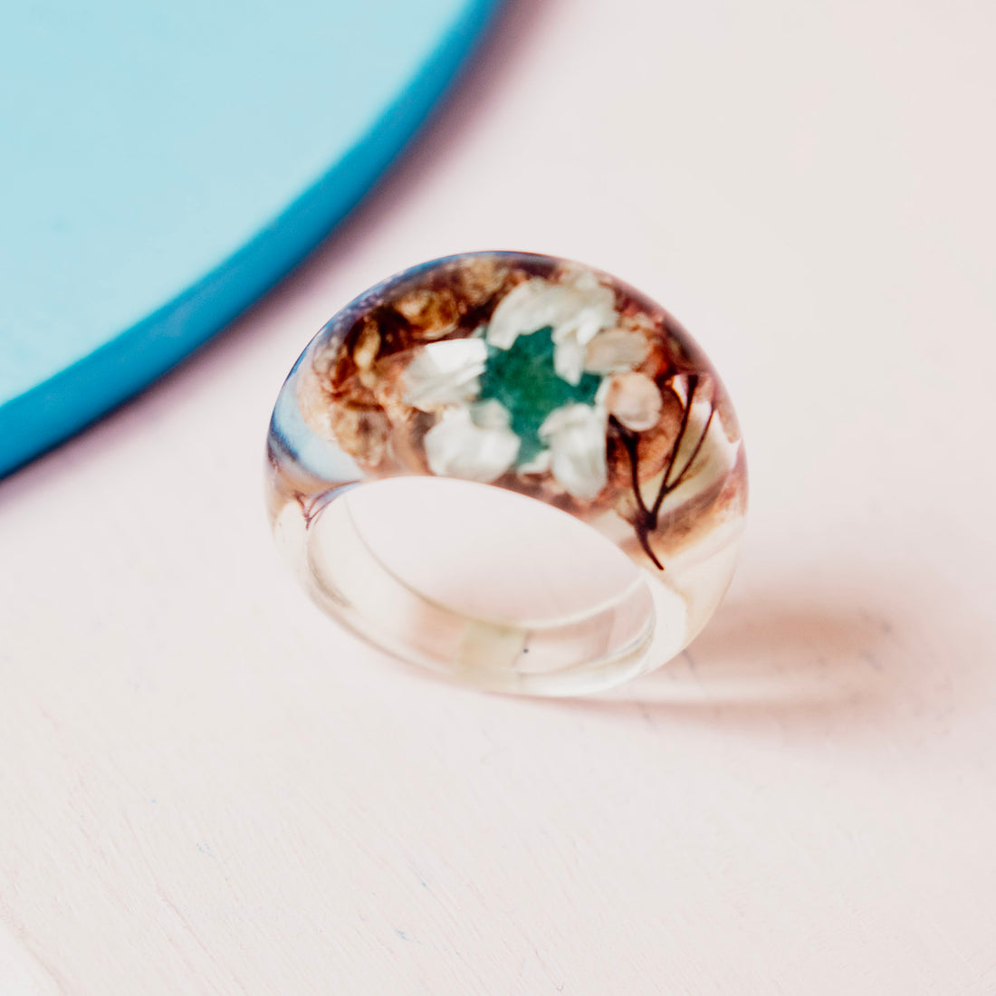 Anillo Acrílico flores primavera Flor Azul-Talla única 6.5
