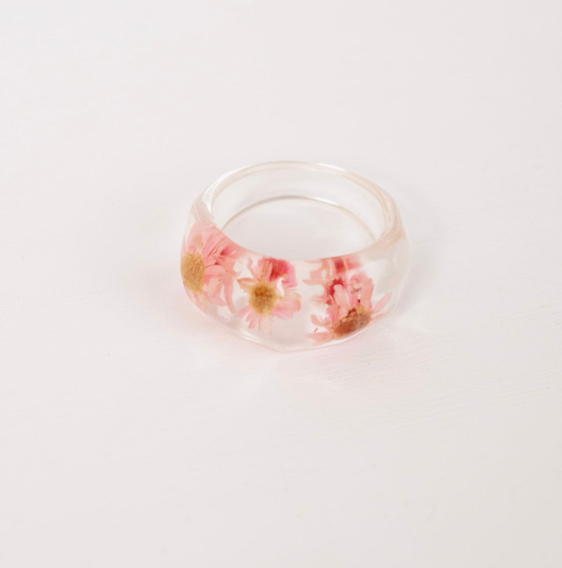 Anillo Acrilico Flores Rosadas transparente - Talla única 7