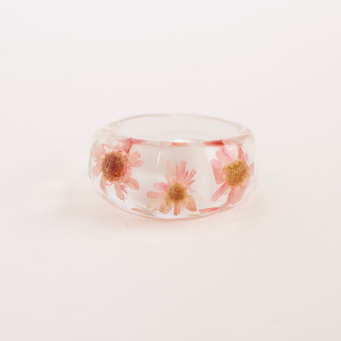 Anillo Acrilico Flores Rosadas transparente - Talla única 7